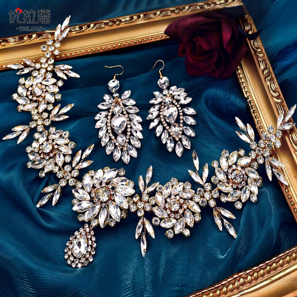 gold S4194F Bridal headdress heavy industry creative three-dimensional rhinestone flower headband tiara crown