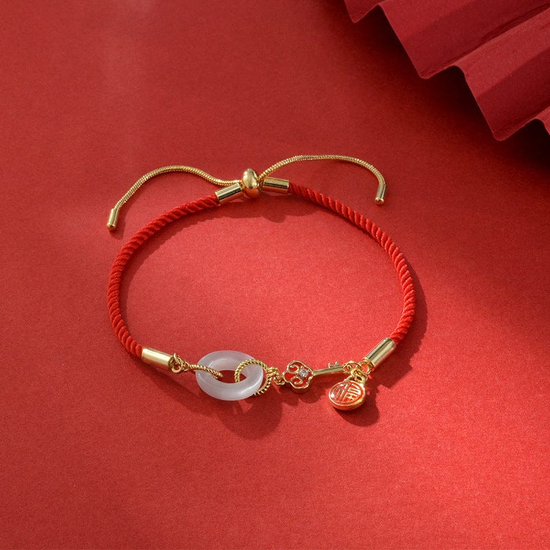 Gold S521 New Chinese Style Jade Women Peace Buckle Bead with Red Rope Weave Pull Out Bracelet