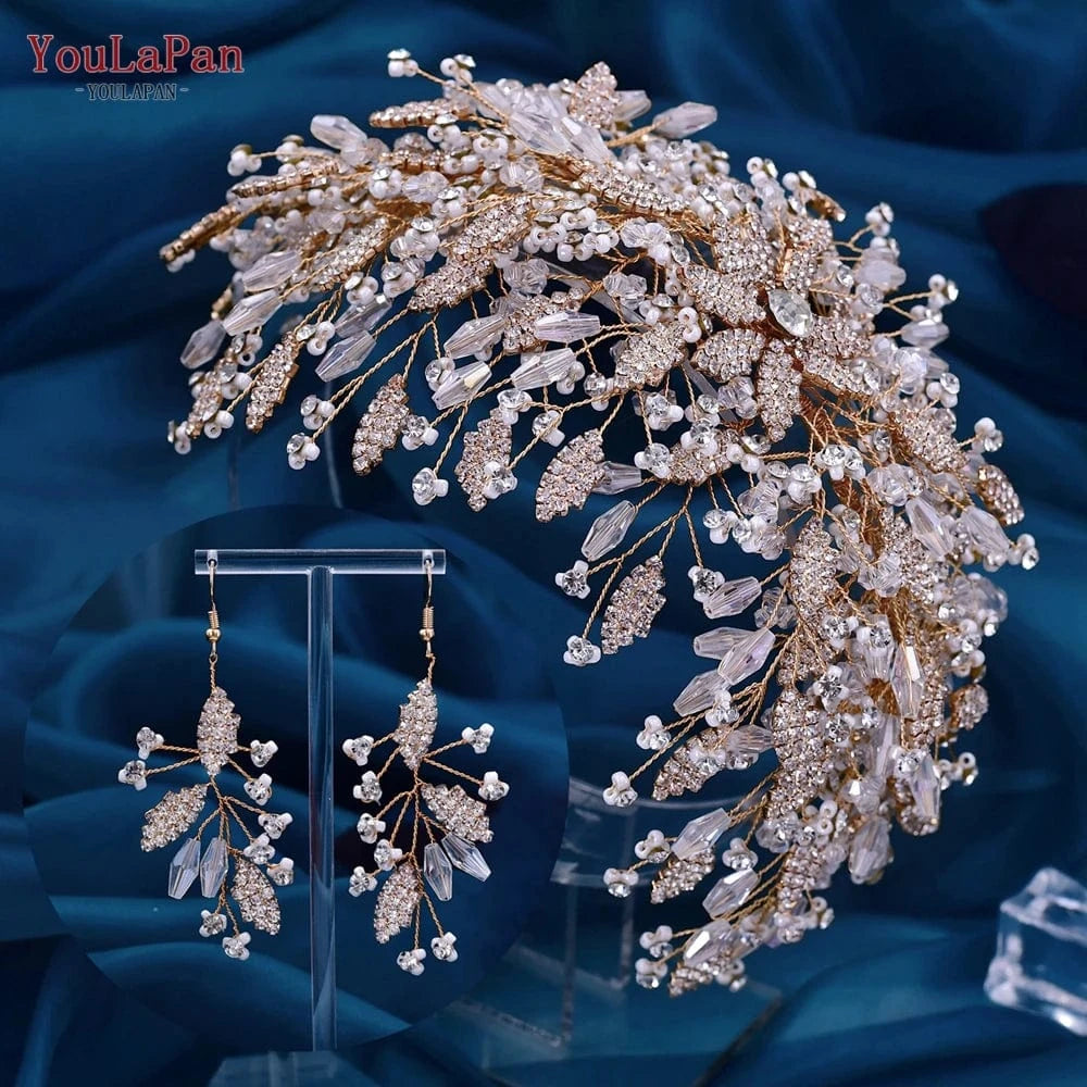Gold-set(1Crown+I earrings) Yolapan HP377 Luxury Girl Pageant Crown Crystal Rhinestone Party Headband Bridal Wedding Banquet Hair Accessories