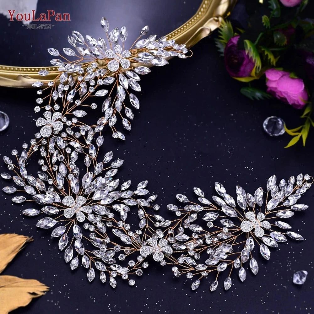 gold Yolapan HP390 Luxurious Long Hair Vine Gold Silver Rhinestone Flowers Women Headbands Wedding Bridal Hair Accessories