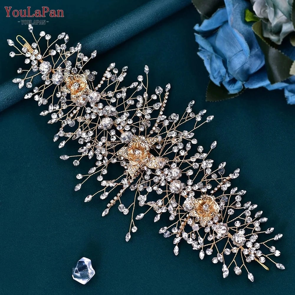 Gold YouLaPan HP286 Charming Alloy Flower Party Headwear Rhinestone Wedding Hair Accessories Bridal Headband Hair Piece