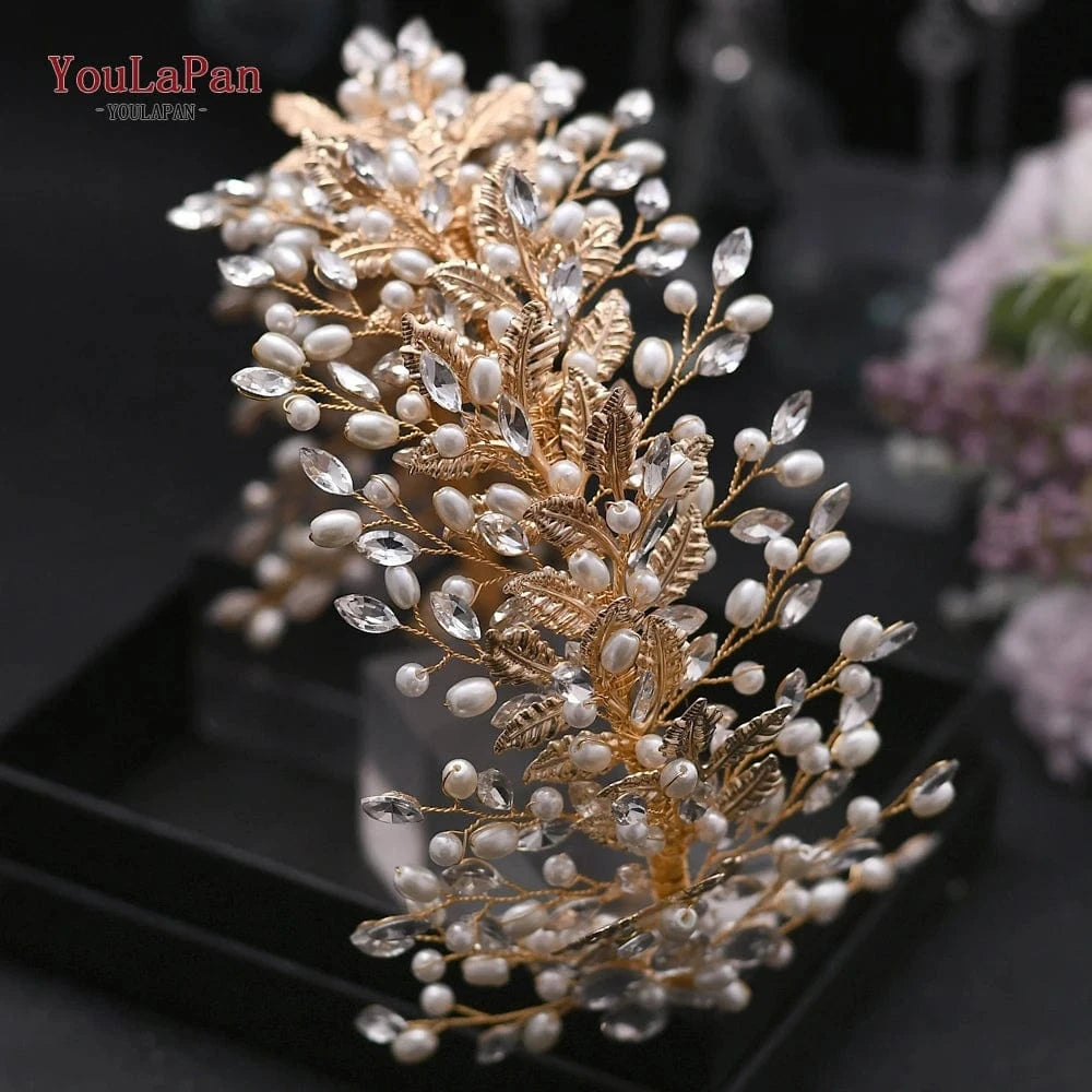 Gold Youlapan HP322 Silver Rhinestone Headband Headpiece Wide Bridal Hair Pieces Wedding Crown Leaves Headwear Tiara Pearl for Women