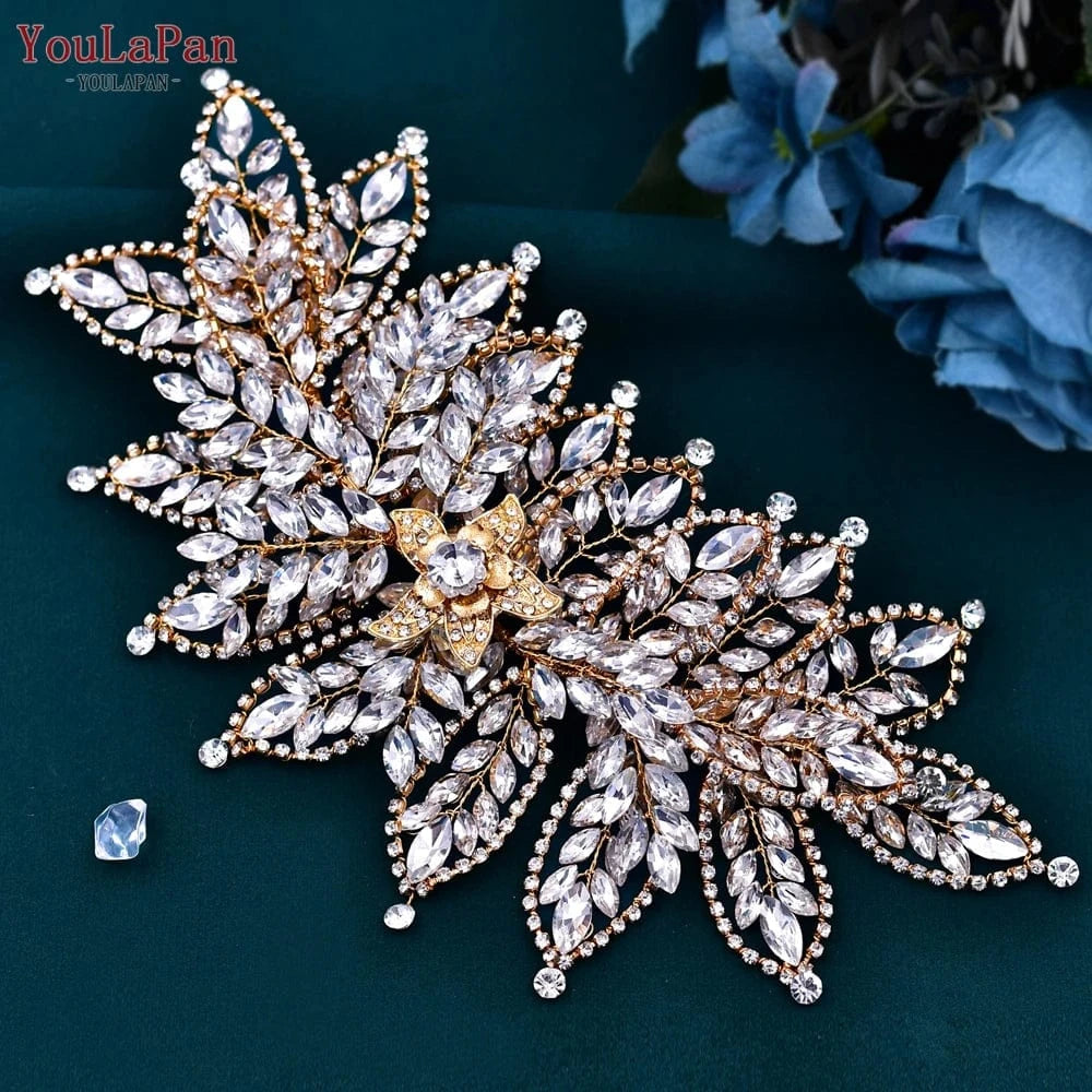 gold Youlapan HP413-S Luxury Rhinestone Leaf Styling Hair Piece  Tiara Banquet Party Wedding Bridal Alloy Flower Headband