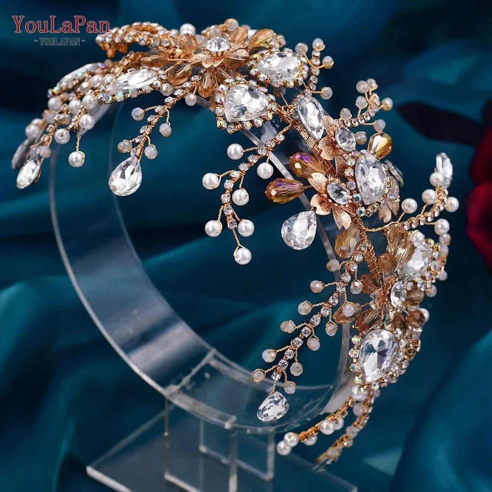gold YouLaPan HP453 Luxury Rhinestones Headband Bridal Wedding Hair Accessories Handmade Silver/Gold Women Party Pageant Headpiece