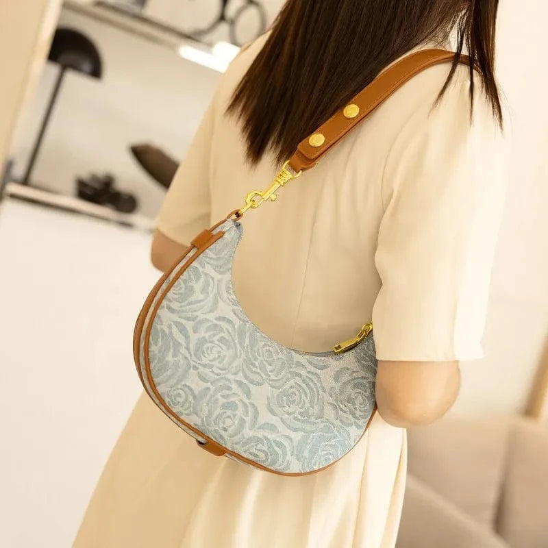 Good price jeans bags handbags women eco shoulder bag women blue color custom half moon handbag