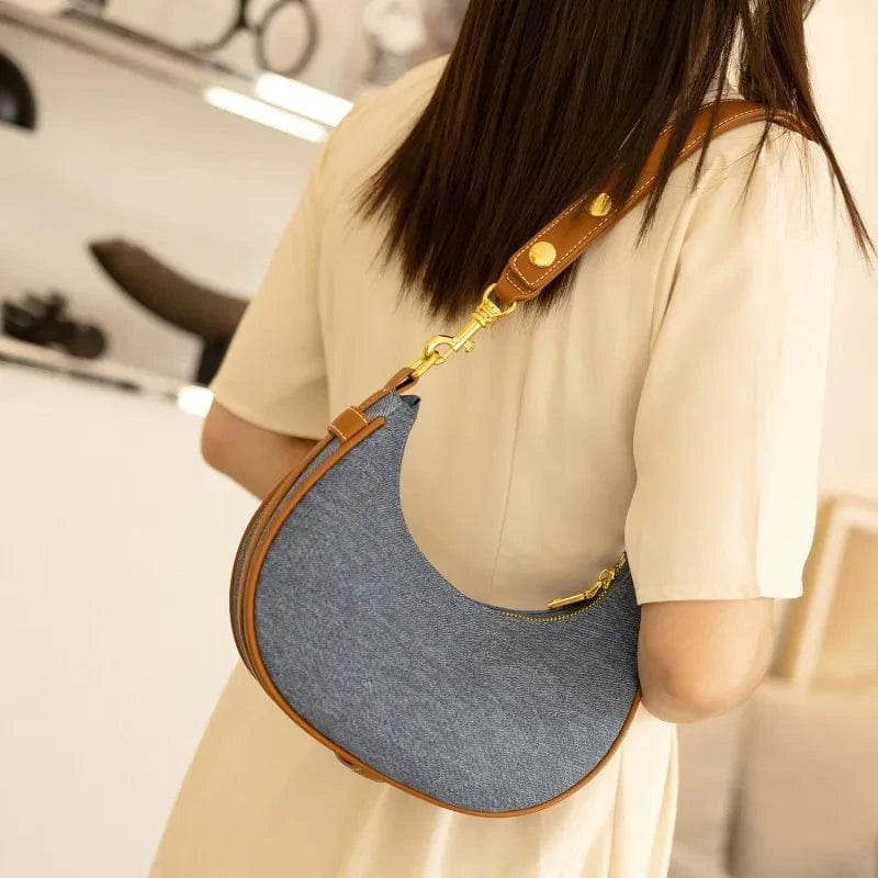 Good price jeans bags handbags women eco shoulder bag women blue color custom half moon handbag