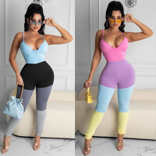 Good Quality Casual bodycon womens corset jumpsuit patchwork color jumpsuit