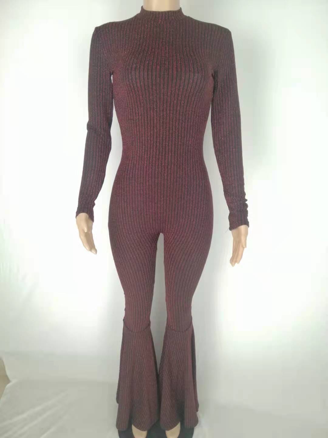 Gray Black Autumn Sexy Fashion Waist Tight-Fitting Striped Sequined Flared Jumpsuit Fall Womens Jumpsuits