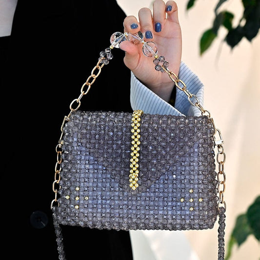 Gray Handmade Beaded Bag Flower chain Customizable Top quality Crossbody Shoulder Bag Unique Design with Chain Ladies Bag