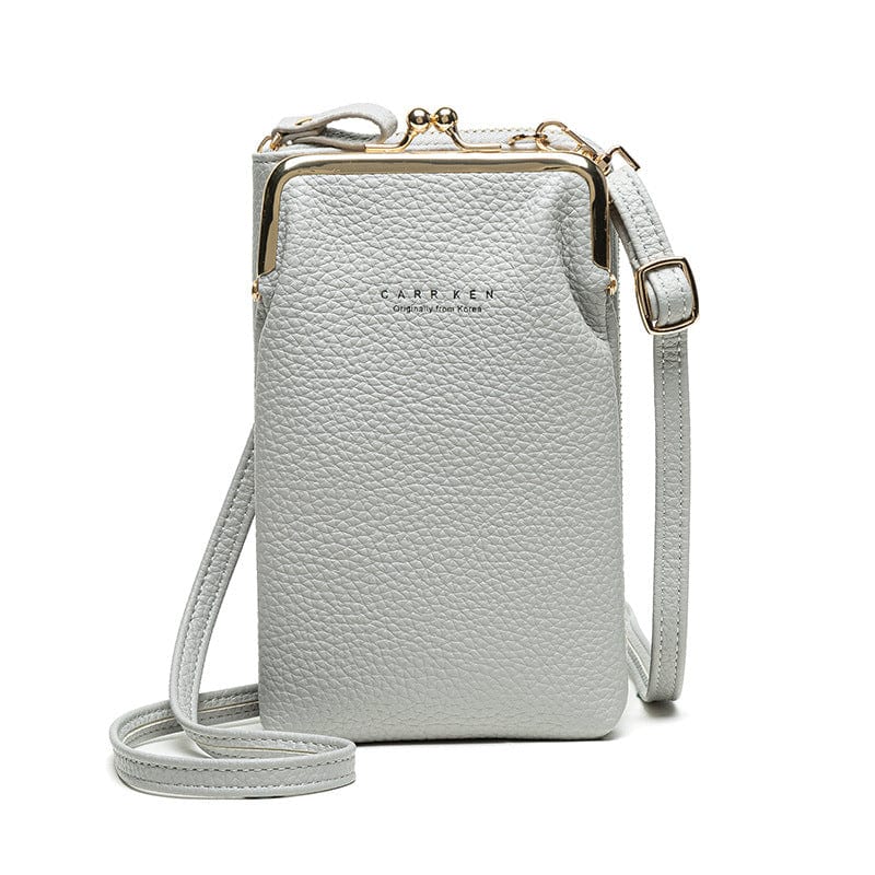 Gray Shoulder Mini Phone Bag Litchi Solid Leather Cell Phone Crossbody Bags for Women Designer