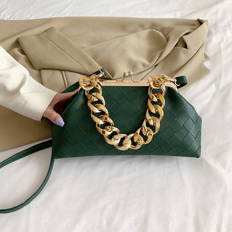 green 2022 Trending Woven Purse Ruched Dumpling Pouch Hobo Bag Chain Link Shoulder Handbag Women Chain Cloud Clutch Bag