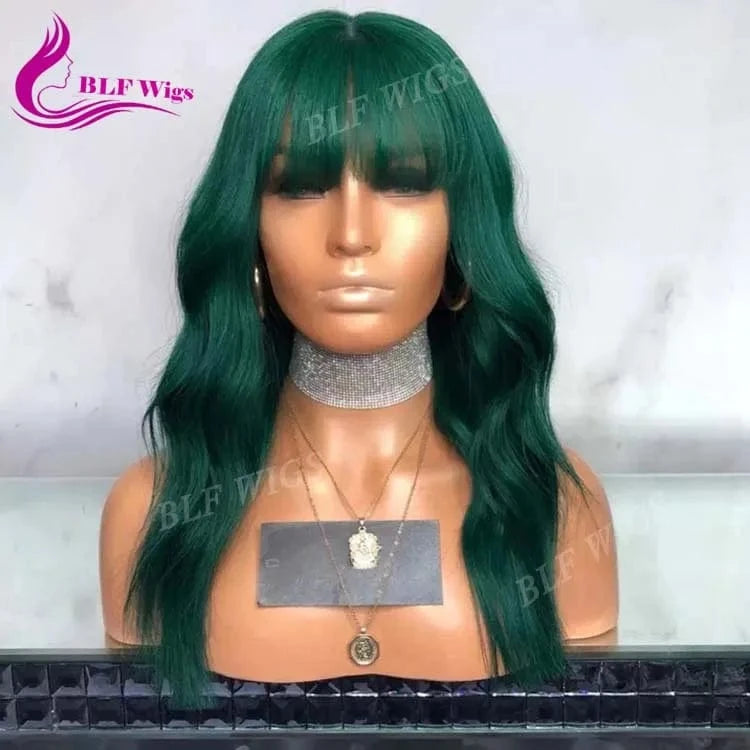 Green Color Water Wave Peruvian Hair Lace Front Human Hair Wig Bleached Knots with Bangs