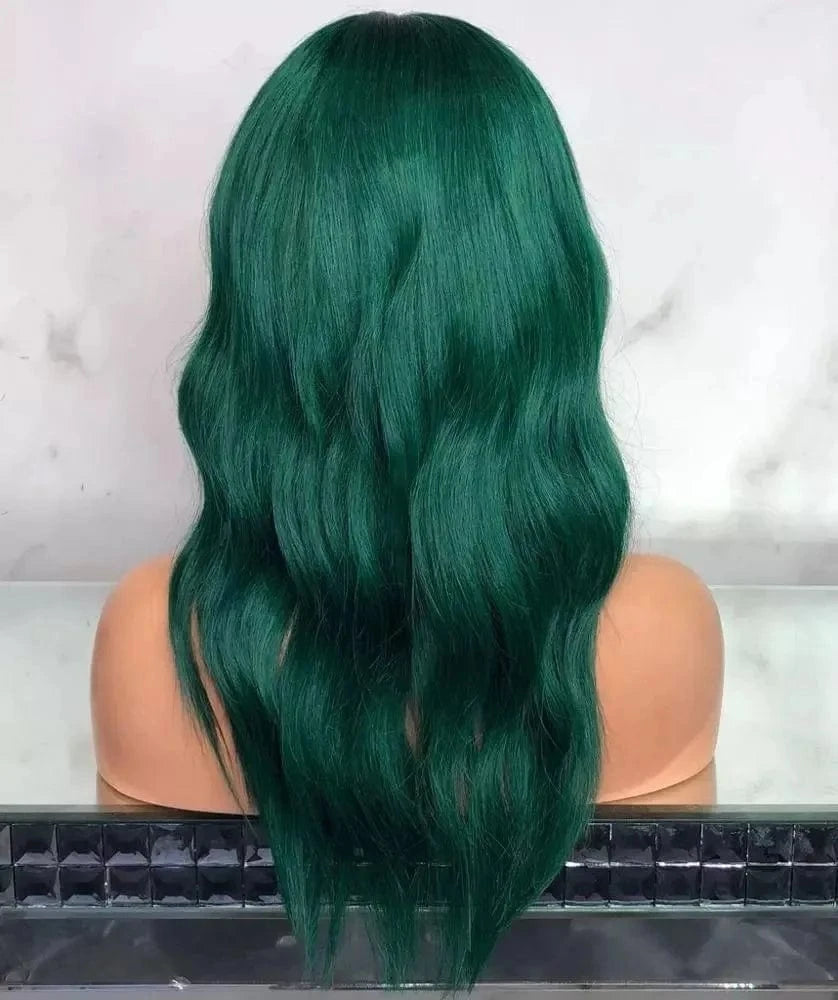 Green Color Water Wave Peruvian Hair Lace Front Human Hair Wig Bleached Knots with Bangs