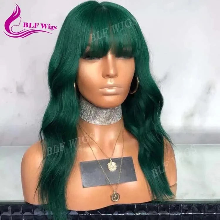 Green Color Water Wave Peruvian Hair Lace Front Human Hair Wig Bleached Knots with Bangs