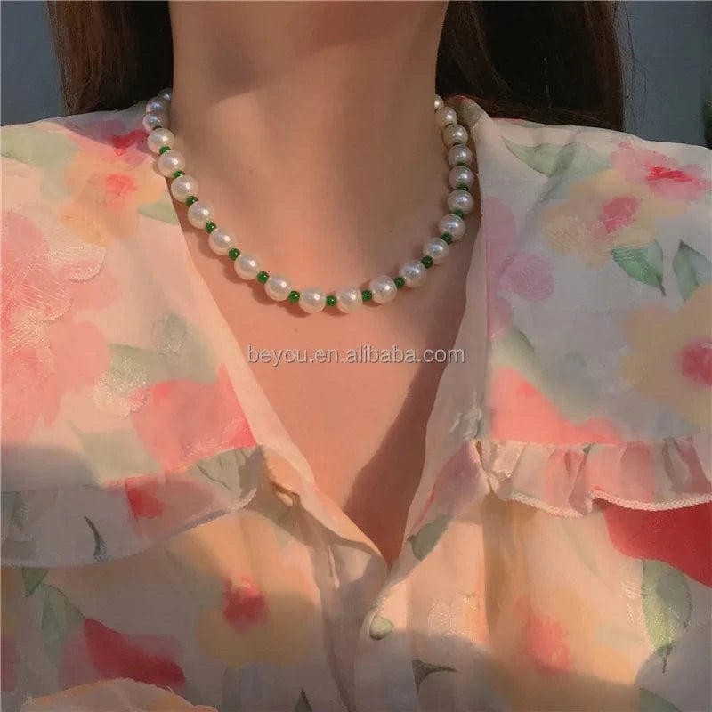 Green Pearl Pink Heart Double Necklace Set Light Luxury High-end Design Niche Clavicle Chain Trendy Decorative Necklace Jewelry
