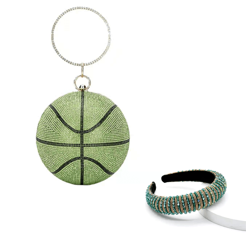 Green set Bling evening basketball clutch purse set ladies shoulder bags women handbags ladies luxury with matching rhinestone headbands