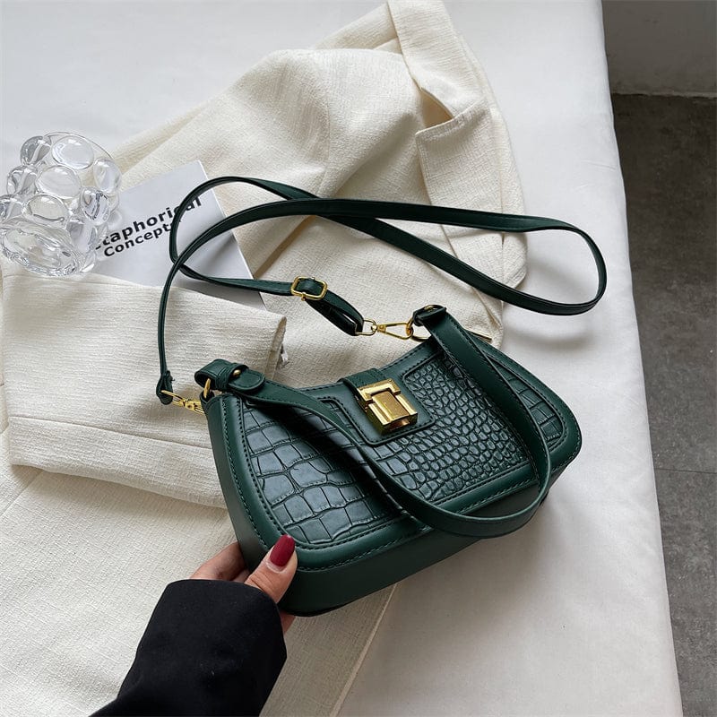 green Shoulder Bags for Women 2023 Trendy Designer Fashion Simple Stone Pattern Leather Purses and Handbags Female