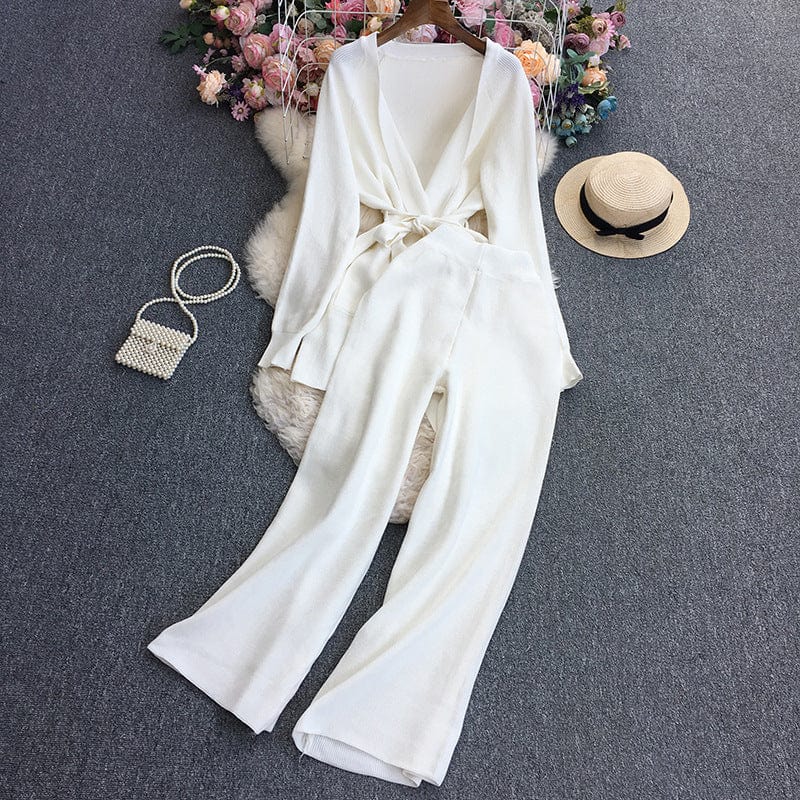 GX7188A Fashion causal knit clothing vendor leisure suits women long sleeve shirt and wide leg pant matching suits 2 piece sets