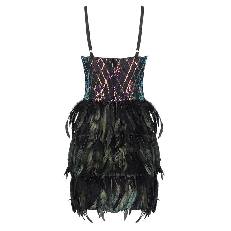 H1106 Hot Sale On Amazon Spaghetti Strap Sequins Feathers Women Sexy Dresses Night Club Party