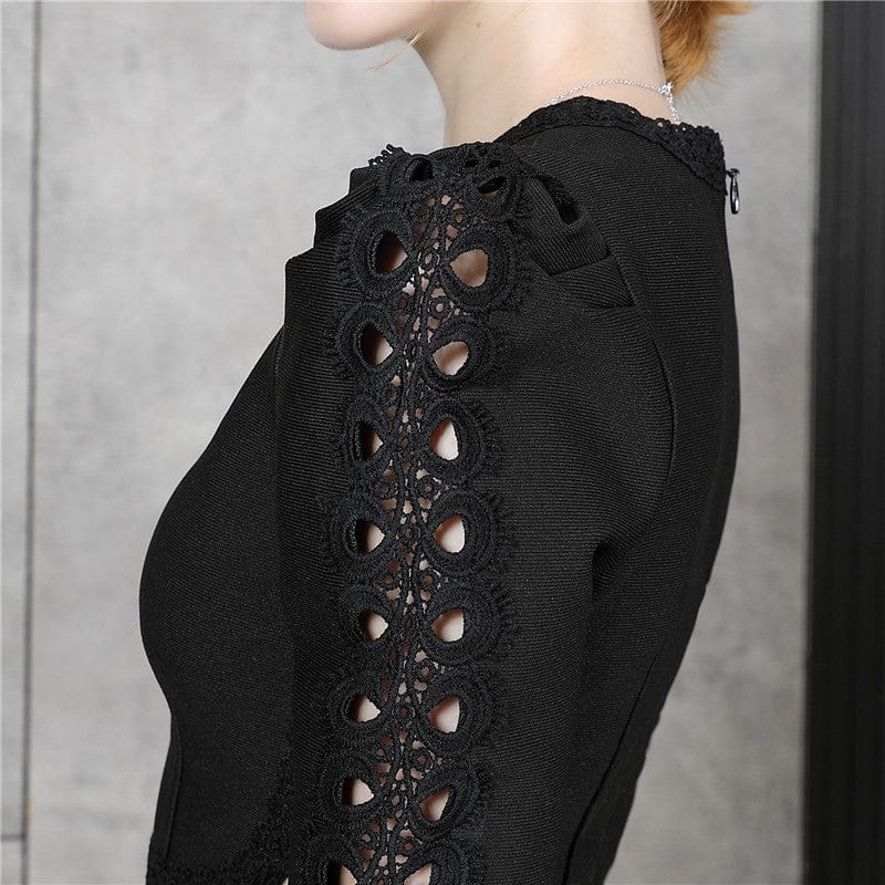 H1162 Elegant Bandage Hollow-Out Design O-Neck Long Flare Cutout Sleeve Solid Color Lace Jumpsuit