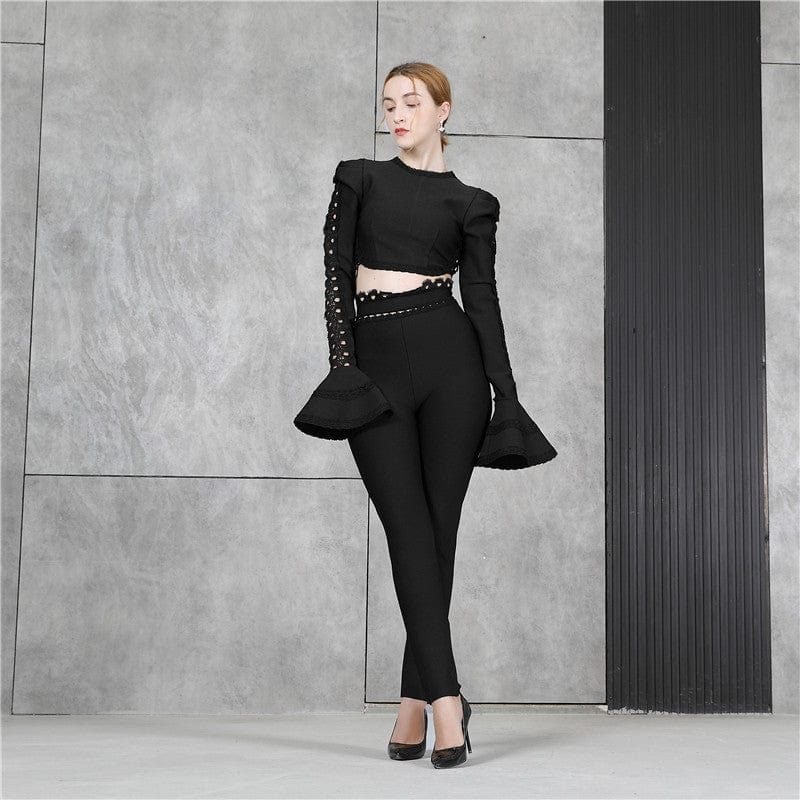 H1162 Elegant Bandage Hollow-Out Design O-Neck Long Flare Cutout Sleeve Solid Color Lace Jumpsuit