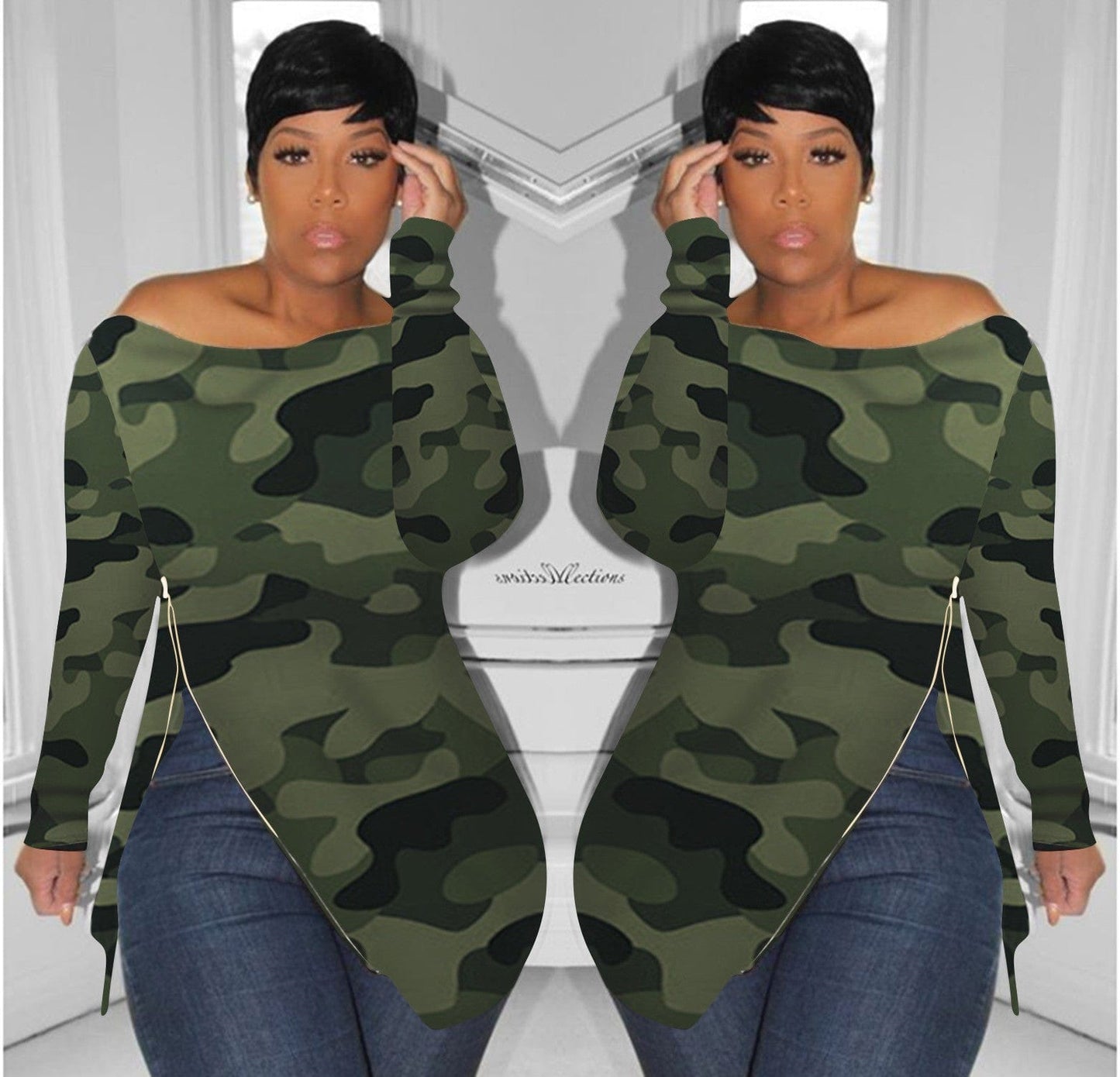 H1245 Camouflage print shoulder Plus Size Women T-shirt Autumn/Winter new T-shirt women