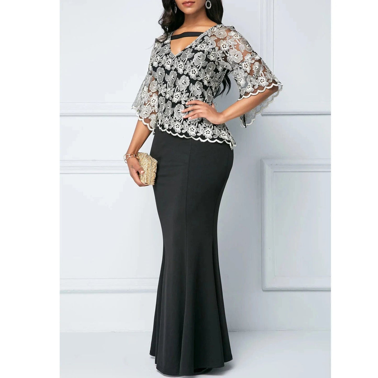 Half Flare Sleeves V Neck Elegant Lace Plus Size Women Mermaid Dresses