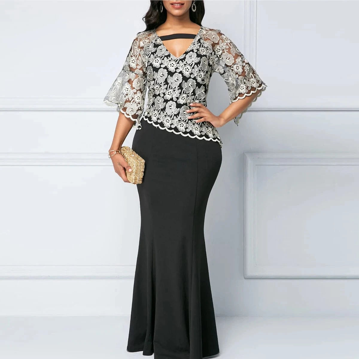 Half Flare Sleeves V Neck Elegant Lace Plus Size Women Mermaid Dresses