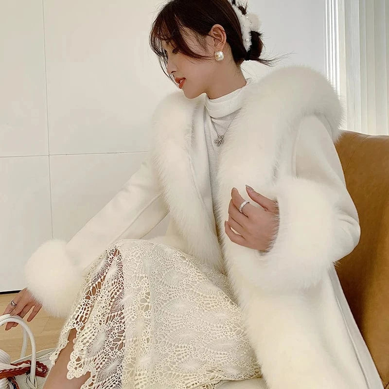 Handmade Belted Cashmere Coat Windproof Long Wool Trench Coat Women With Fox Fur Trim