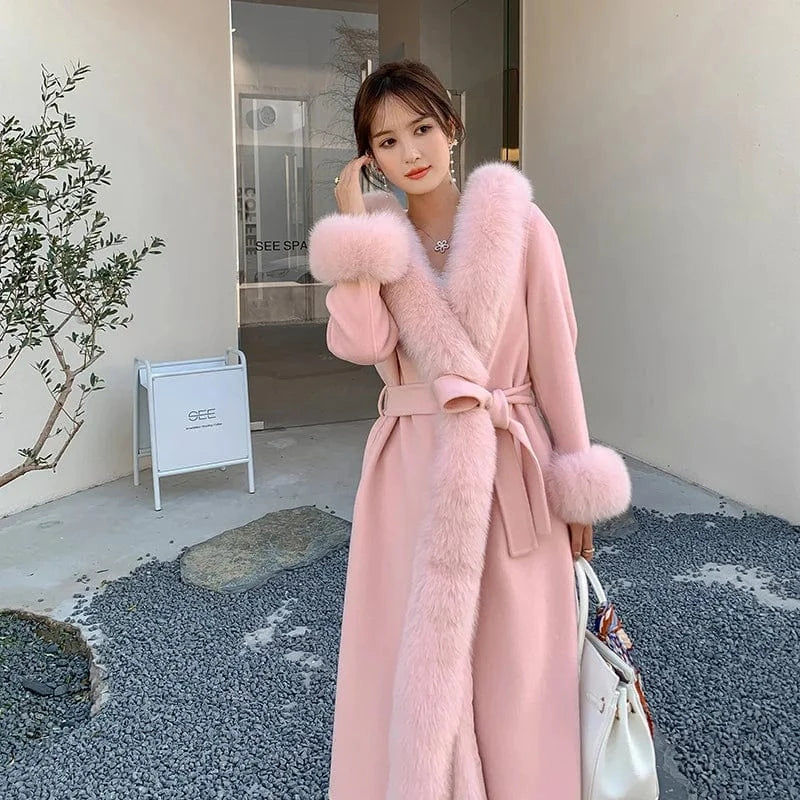 Handmade Belted Cashmere Coat Windproof Long Wool Trench Coat Women With Fox Fur Trim