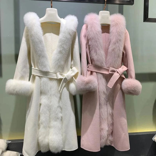 Handmade Belted Cashmere Coat Windproof Long Wool Trench Coat Women With Fox Fur Trim