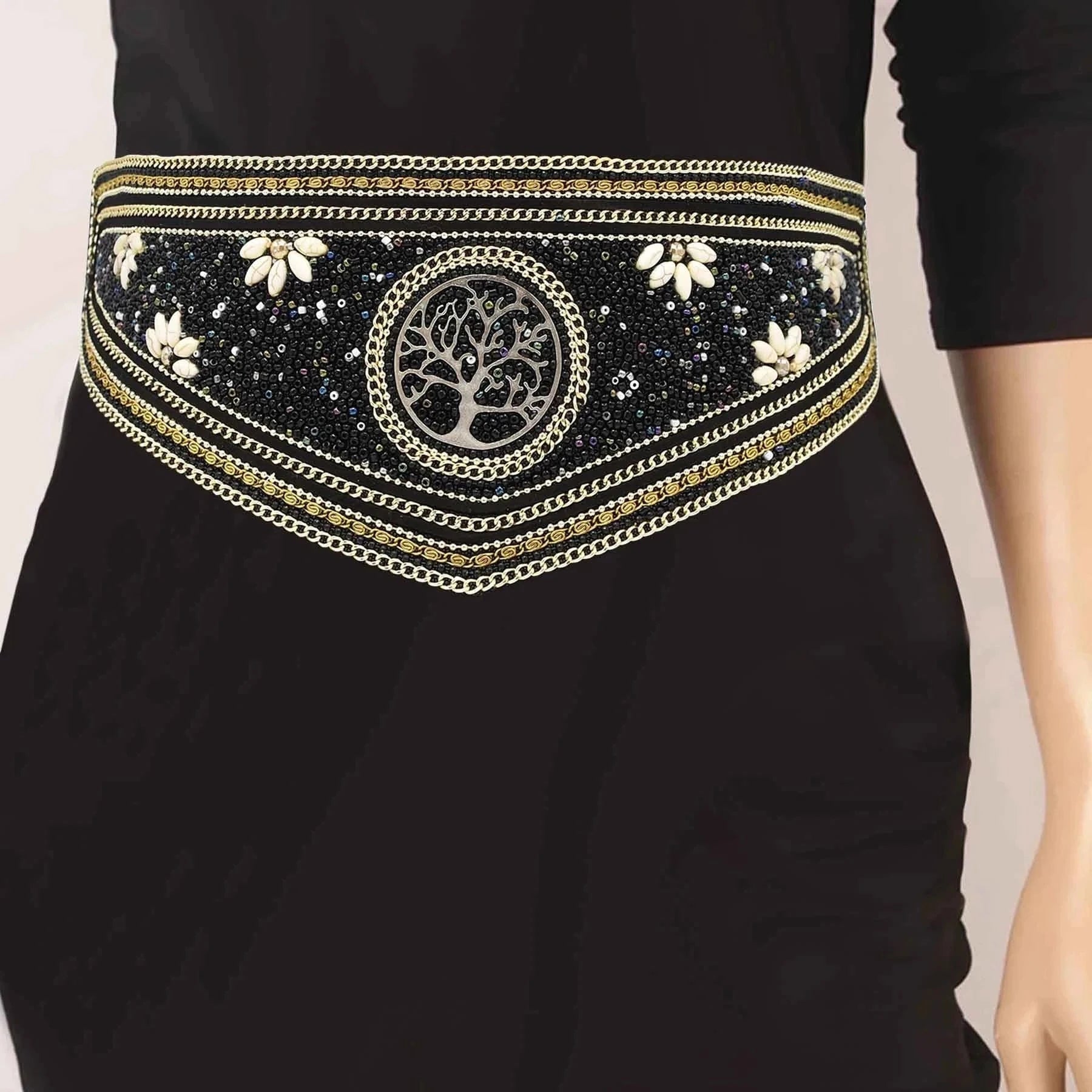 Handmade Bohemian Waist Belt  Black Beads Elastic Statement Belly  Body Chain Dress Belt  Ethnic Jewelry