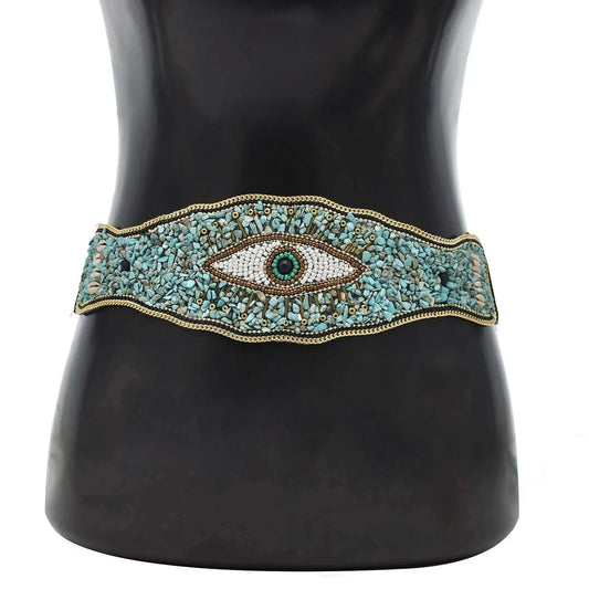 Handmade Bohemian Waist Belt Eye Beads Elastic Statement Belly  Body Chain Dress Belt  Ethnic Jewelry