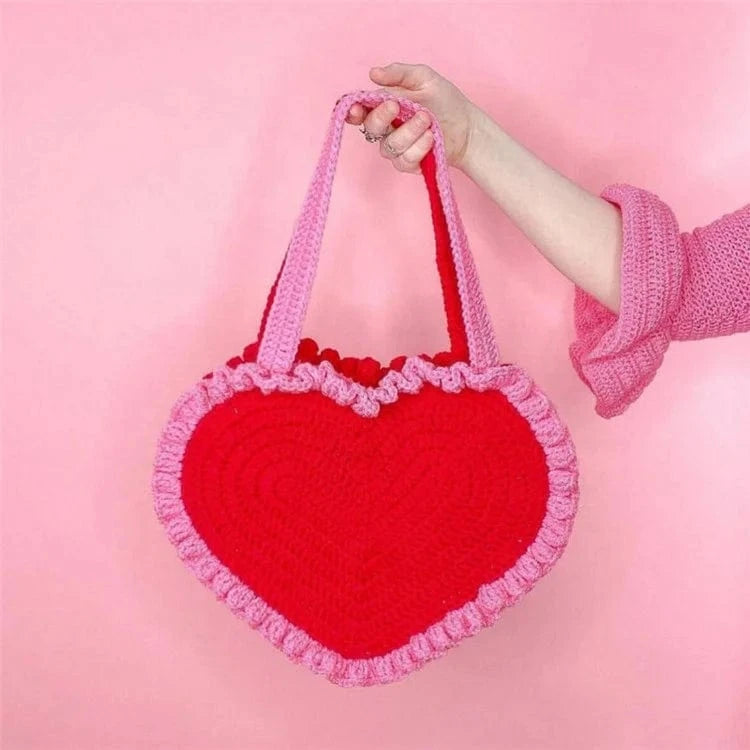 Handmade Heart Shaped Woven Bag Crochet Knitting Shoulder Bag for Women Valentines Day Gift