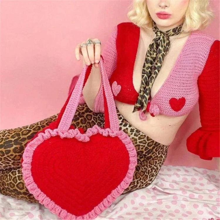 Handmade Heart Shaped Woven Bag Crochet Knitting Shoulder Bag for Women Valentines Day Gift