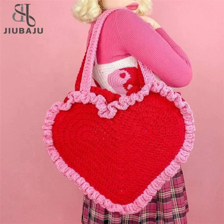 Handmade Heart Shaped Woven Bag Crochet Knitting Shoulder Bag for Women Valentines Day Gift