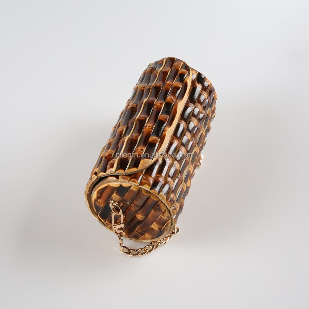 Handmade Unique Natural Bamboo Root Small Round Circular Purse Handbag Shoulder Phone Bag Bucket Cylinder Barrel Crossbody Bag