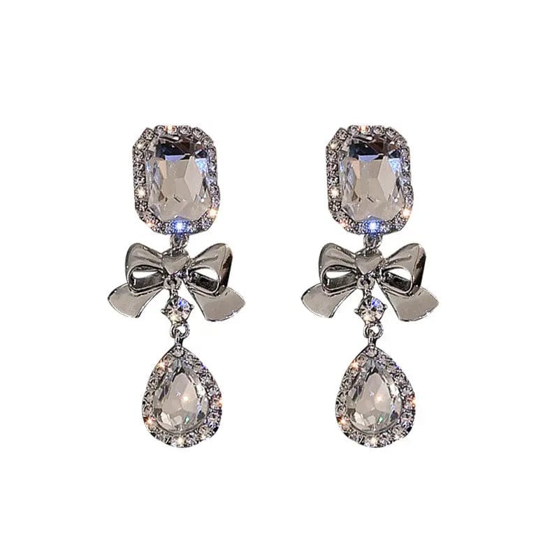 HE6913 / silver Fashionable Exquisite 925 Silver Needle Flash Diamond Geometric Water Drop Bow Earrings INS Popular Jewelry for Women