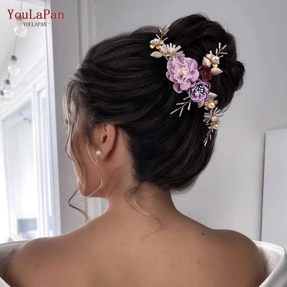 headdand+earrings set YouLaPan HP190 Pretty Purple Silk Flowers Women Hair Accessories Bridal Wedding Hair Pieces Earrings Set
