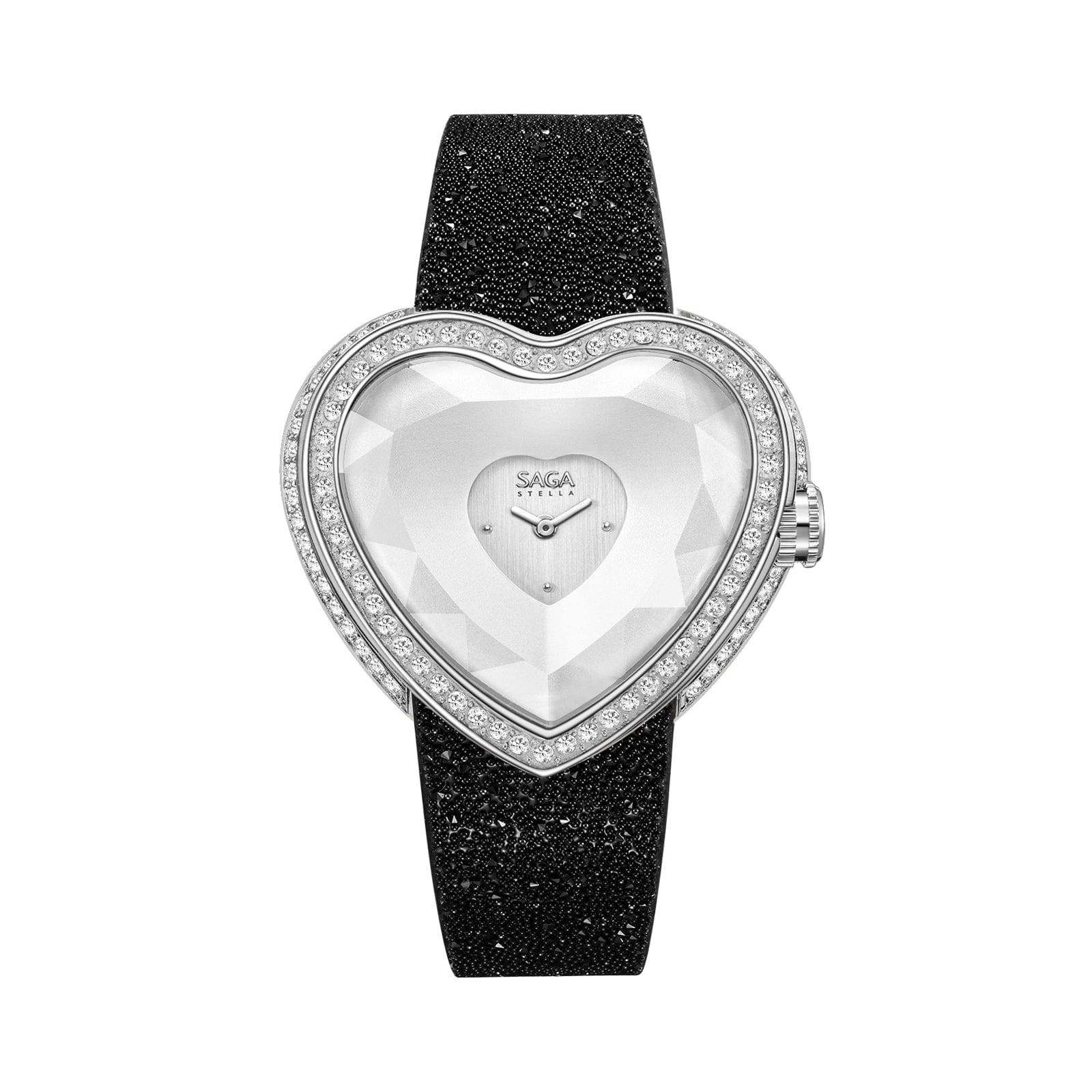 HEART / Silver Case With Black Strap SAGA 80726 Luxury Watch Leather Wrist Best Valentines Gift Heart Shaped Watch For Girls Stylish
