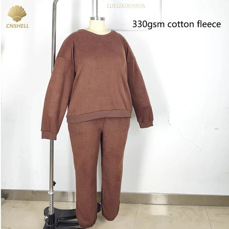 Heavyweight Cotton Fleece Sweatshirt with Jogger lounge wear outfit tracksuits plus size Women Thick Casual Wear Two pieces set