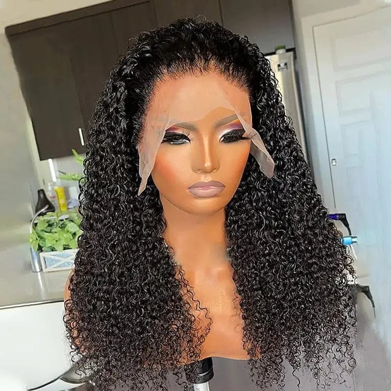 High Density Natural Black Color Kinky Curly Wig Pre Plucked Cuticle Aligned Brazilian Lace Front Wigs