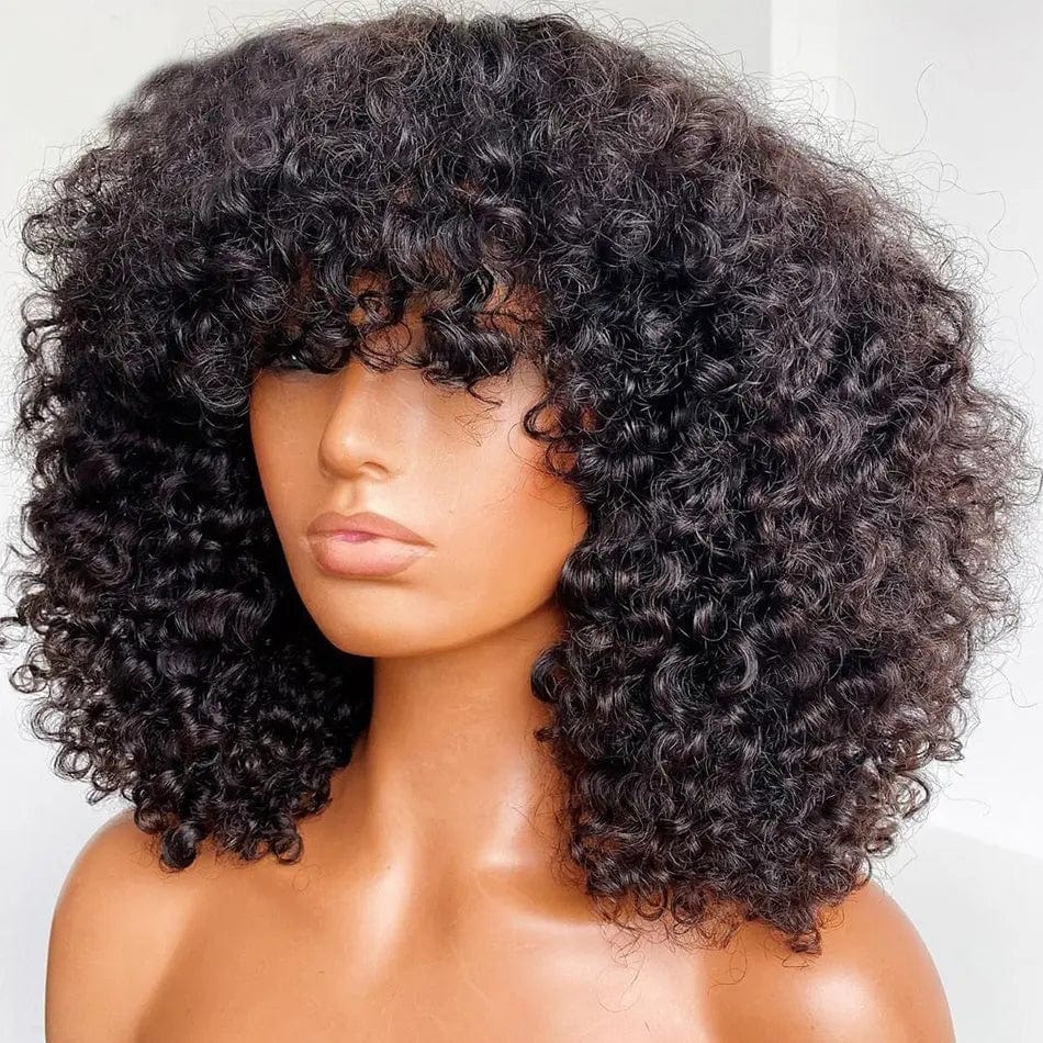 High Density Short Bob Kinky Curly Wig With Bangs Natural Black Color Cuticle Aligned Lace Front Wigs