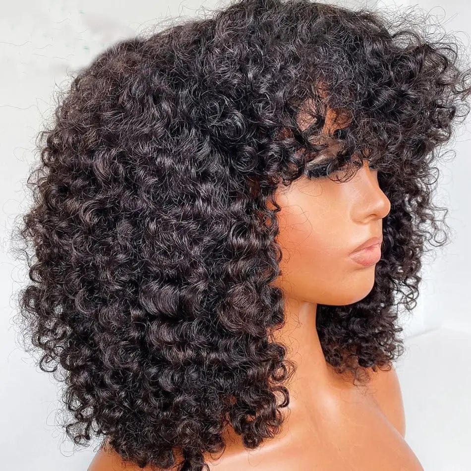High Density Short Bob Kinky Curly Wig With Bangs Natural Black Color Cuticle Aligned Lace Front Wigs