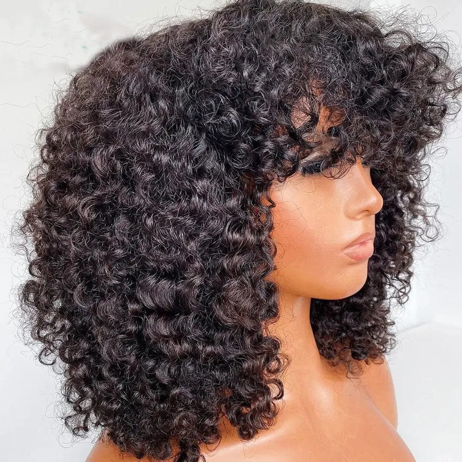 High Density Short Bob Kinky Curly Wig With Bangs Natural Black Color Cuticle Aligned Lace Front Wigs