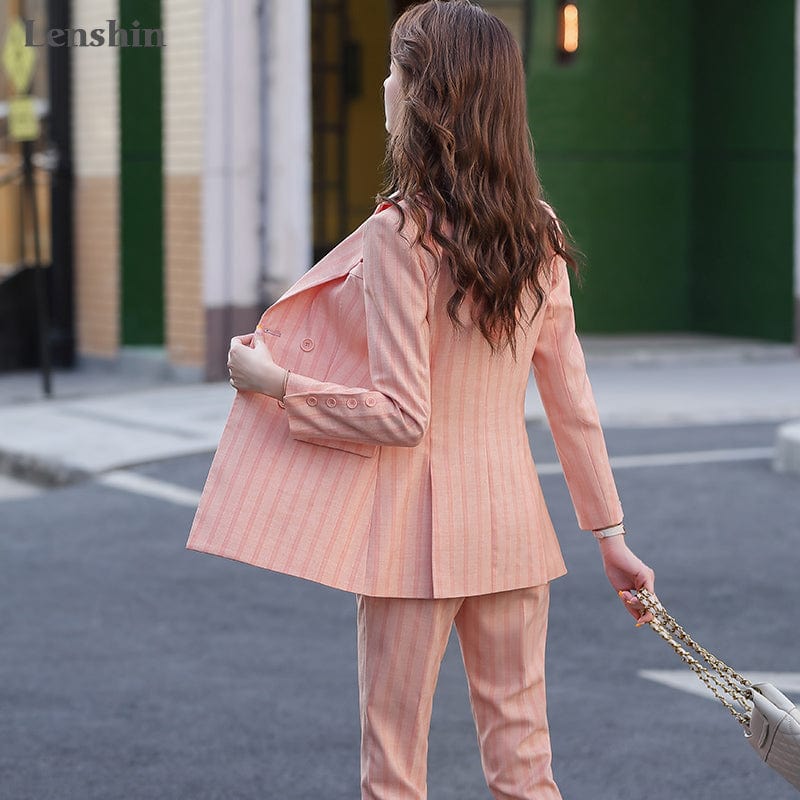 High-quality 2 Piece Set Striped Formal Pant Suit Blazer Office Lady Designs Women Soft Jacket and Ankle-Length Pant