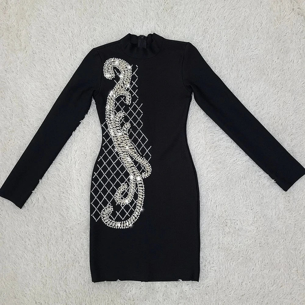 High Quality Beading Long Sleeve Women Bodycon Evening Party Cocktail Prom Dress