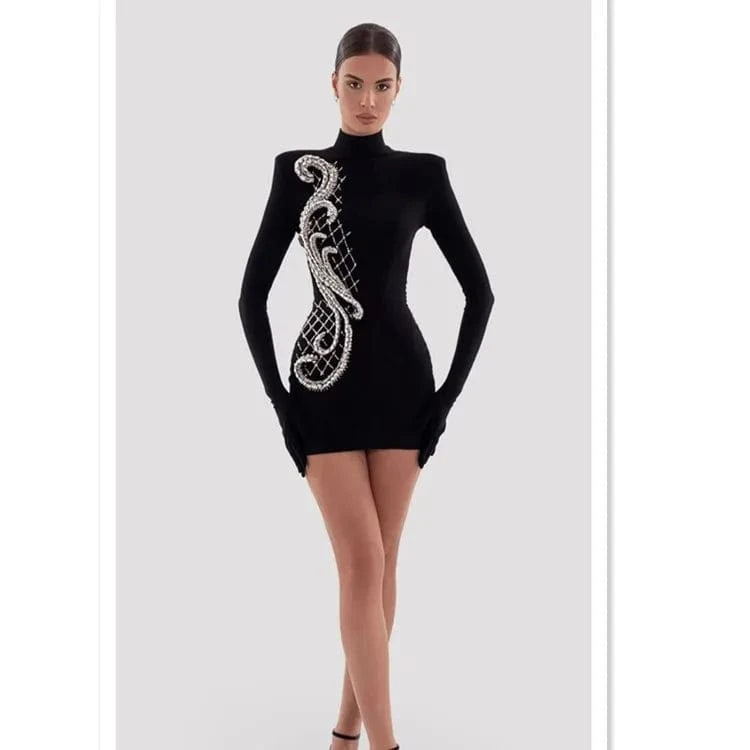 High Quality Beading Long Sleeve Women Bodycon Evening Party Cocktail Prom Dress