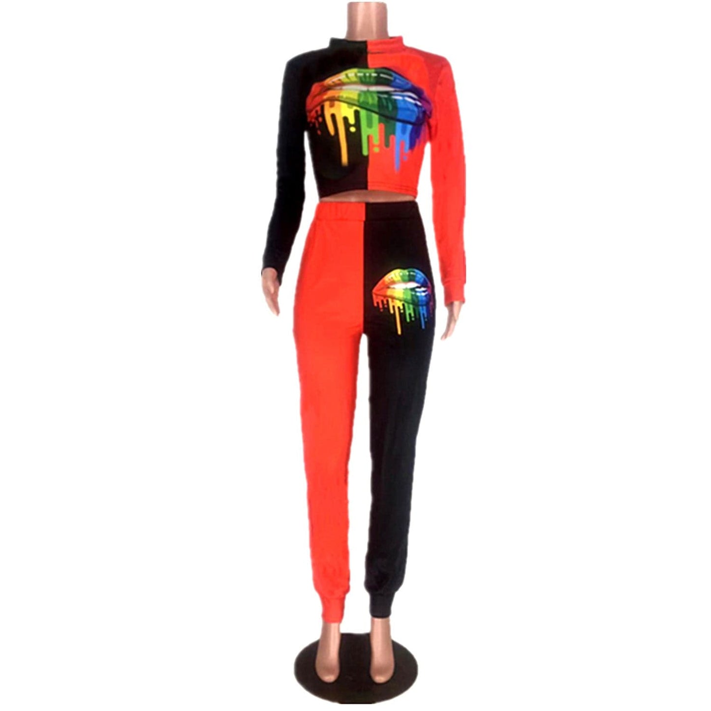 High Quality Custom Fall Street Wear Long Sleeve Stitching Color Crop Top Printed 2 Piece Pants Outfit Two Piece Sets For Women