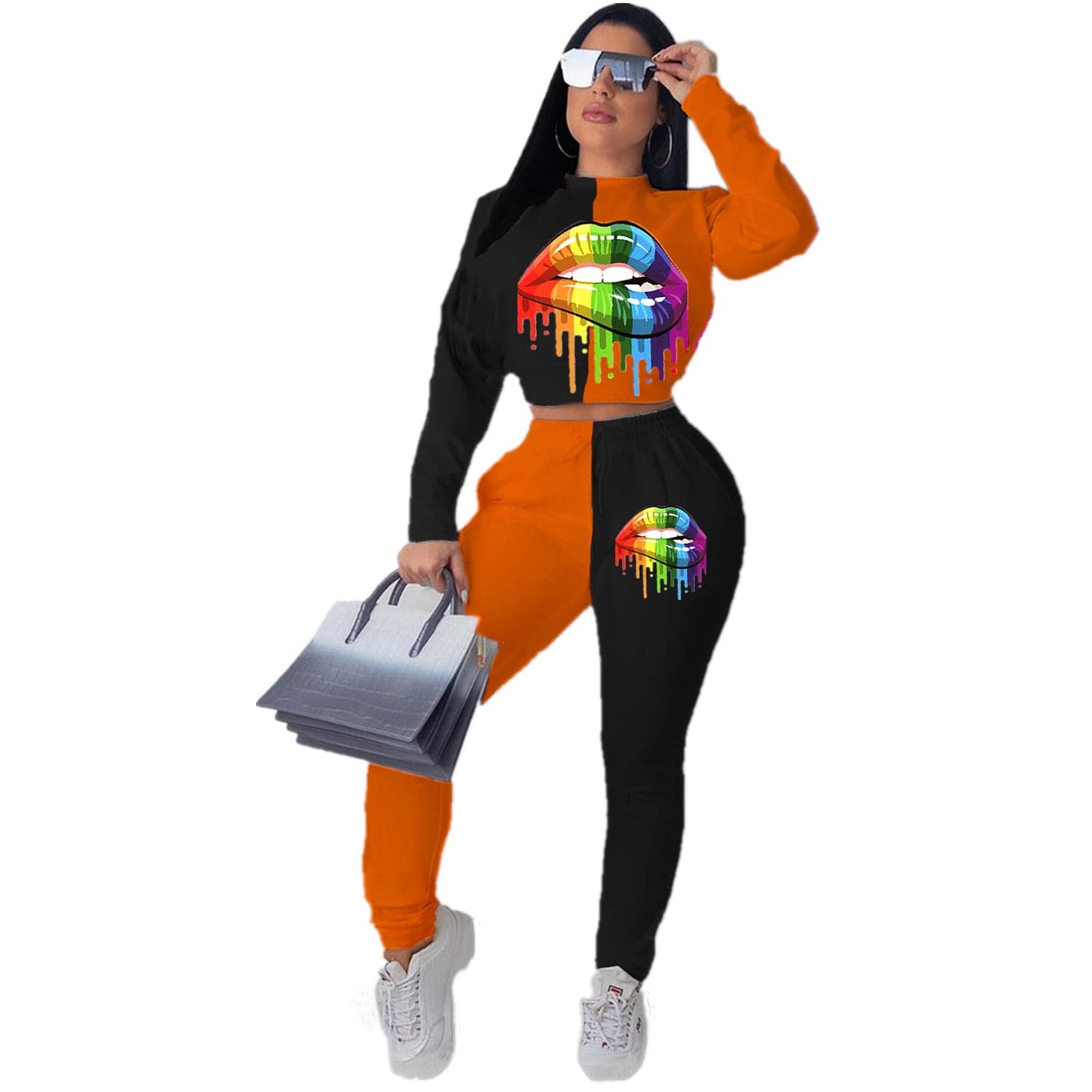High Quality Custom Fall Street Wear Long Sleeve Stitching Color Crop Top Printed 2 Piece Pants Outfit Two Piece Sets For Women